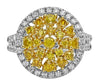 1.37CT WHITE & FANCY YELLOW DIAMOND 18K 2 TONE GOLD 3D CLUSTER CIRCULAR FUN RING