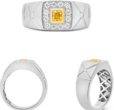 .69CT WHITE & FANCY YELLOW DIAMOND 14KT 2 TONE GOLD 3D CUSHION & ROUND MENS RING