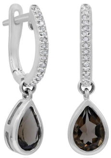1.28CT DIAMOND & AAA SMOKY QUARTZ 14KT WHITE GOLD 3D PEAR SHAPE & ROUND EARRINGS