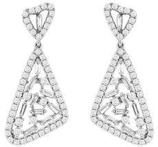 1.23CT DIAMOND 14K WHITE GOLD 3D CLUSTER TRIANGULAR HEART SHAPE HANGING EARRINGS