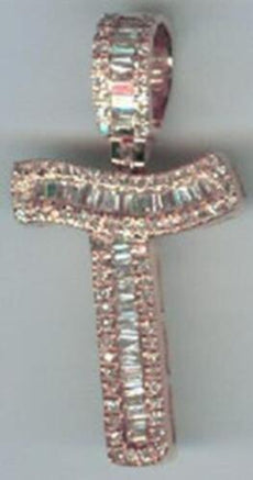 .47CT DIAMOND 14KT ROSE GOLD 3D ROUND & BAGUETTE T INITIAL FUN FLOATING PENDANT