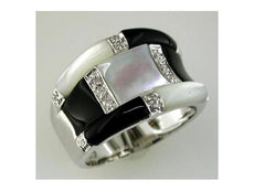 ESTATE .09CT DIAMOND & AAA MOTHER OF PEARL & AAA ONYX 14K WHITE GOLD 3D FUN RING