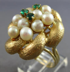 ANTIQUE LARGE .14CT AAA EMERALD & SOUTH SEA PEARL 14KT YELLOW GOLD RING #28100