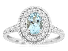 1.2CT DIAMOND & AAA AQUAMARINE 14KT WHITE GOLD OVAL & ROUND FILIGREE FLOWER RING