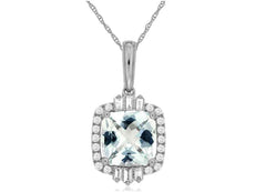 2.08CT DIAMOND & AAA AQUAMARINE 14KT WHITE GOLD 3D SQUARE HALO FLOATING PENDANT