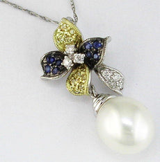 .28CT DIAMOND & AAA SAPPHIRE & AAA SOUTH SEA PEARL 14K WHITE GOLD FLOWER PENDANT