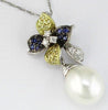.28CT DIAMOND & AAA SAPPHIRE & AAA SOUTH SEA PEARL 14K WHITE GOLD FLOWER PENDANT