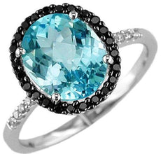 3.70CT WHITE & BLACK DIAMOND & AAA BLUE TOPAZ 14KT WHITE GOLD OVAL HALO FUN RING