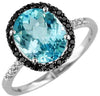 3.70CT WHITE & BLACK DIAMOND & AAA BLUE TOPAZ 14KT WHITE GOLD OVAL HALO FUN RING