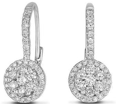 .64CT DIAMOND 14KT WHITE GOLD 3D FLOWER CLUSTER HALO LEVERBACK HANGING EARRINGS