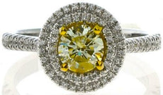 .99CT WHITE & FANCY YELLOW DIAMOND 18KT 2 TONE GOLD DOUBLE HALO ENGAGEMENT RING