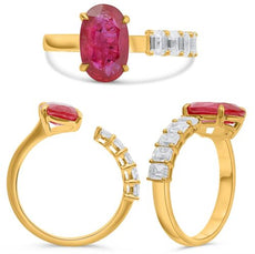 3.14CT DIAMOND & AAA RUBY 18KT YELLOW GOLD EMERALD CUT & OVAL TENSION LOVE RING
