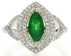 .99CT DIAMOND & AAA EMERALD 18K 2 TONE GOLD MARQUISE DOUBLE HALO ENGAGEMENT RING