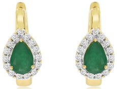 1.01CT DIAMOND & AAA EMERALD 14KT YELLOW GOLD PEAR SHAPE & ROUND HUGGIE EARRINGS
