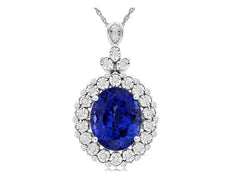 6.25CT DIAMOND & AAA TANZANITE 14KT WHITE GOLD OVAL & ROUND FLOWER LOVE PENDANT