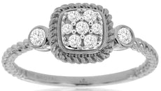 .19CT DIAMOND 14KT WHITE GOLD CLASSIC CLUSTER FLOWER SQUARE ROPE DESIGN FUN RING