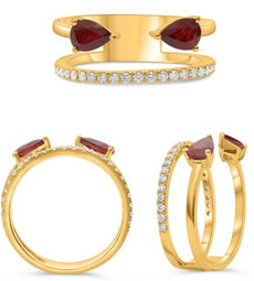 1.02CT DIAMOND & AAA RUBY 14K YELLOW GOLD 3D PEAR SHAPE & ROUND DOUBLE BAND RING