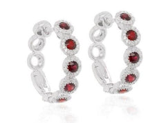 ESTATE 1.30CT DIAMOND & AAA RUBY 14KT WHITE GOLD 3D HUGGIE HOOP HANGING EARRINGS