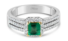 .79CT DIAMOND & AAA EMERALD 18KT 2 TONE GOLD SQUARE HALO ENGAGEMENT RING