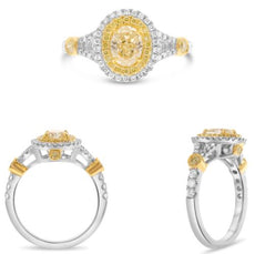 1.45CT WHITE & FANCY YELLOW DIAMOND 18K 2 TONE GOLD OVAL & ROUND ENGAGEMENT RING