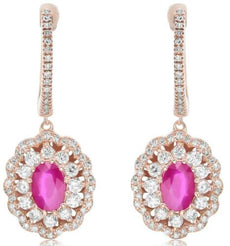 2.31CT DIAMOND & AAA RUBY 14KT ROSE GOLD 3D OVAL & ROUND FLOWER HANGING EARRINGS