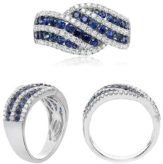 1.68CT DIAMOND & AAA SAPPHIRE 14KT WHITE GOLD 3D MULTI ROW CRISS CROSS LOVE RING