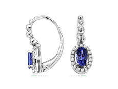 .54CT DIAMOND & AAA TANZANITE 14KT WHITE GOLD OVAL HALO BEADED HANGING EARRINGS