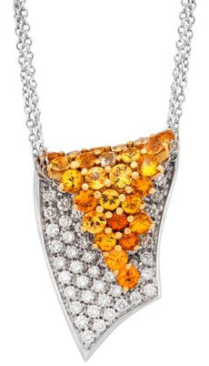 2.98CT DIAMOND & AAA ORANGE & YELLOW SAPPHIRE 18KT WHITE GOLD TRIANGULAR PENDANT