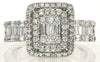 LARGE .99CT DIAMOND 18KT WHITE GOLD ROUND & BAGUETTE DOUBLE HALO ENGAGEMENT RING
