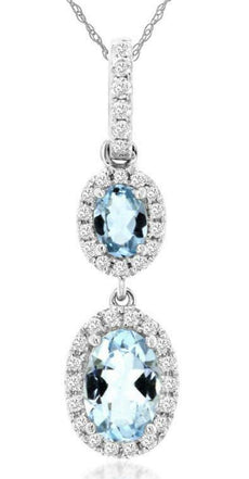.72CT DIAMOND & AAA AQUAMARINE 14KT WHITE GOLD 3D DOUBLE FLOWER FLOATING PENDANT