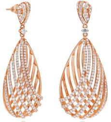 LARGE 2.45CT DIAMOND 14KT ROSE GOLD 3D MULTI ROW CRISS CROSS TEAR DROP EARRINGS