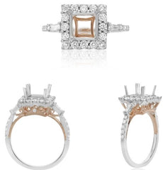 .65CT DIAMOND 14K WHITE & ROSE GOLD ROUND & BAGUETTE SQUARE HALO SEMI MOUNT RING
