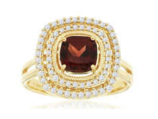 1.56CT DIAMOND & AAA GARNET 14K YELLOW GOLD CUSHION & ROUND DOUBLE HALO FUN RING