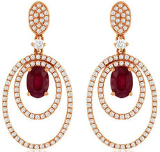 LARGE 1.72CT DIAMOND & AAA RUBY 14KT ROSE GOLD 3D OVAL & ROUND HANGING EARRINGS
