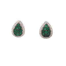 ESTATE .71CT DIAMOND & AAA EMERALD 18KT WHITE GOLD 3D TEAR DROP STUD EARRINGS