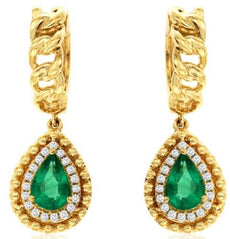.89CT DIAMOND & AAA EMERALD 14KT YELLOW GOLD PEAR SHAPE & ROUND HANGING EARRINGS