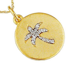 ESTATE .09CT DIAMOND 14K YELLOW GOLD 3D CIRCULAR PALM TREE LOVE FLOATING PENDANT