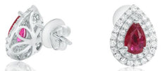 1.46CT DIAMOND & AAA RUBY 18K WHITE GOLD ROUND & PEAR SHAPE DOUBLE HALO EARRINGS