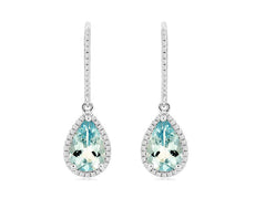 2.32CT DIAMOND & AAA AQUAMARINE 14KT WHITE GOLD PEAR SHAPE HALO HANGING EARRINGS