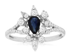 .98CT DIAMOND & AAA SAPPHIRE 14KT WHITE GOLD PEAR SHAPE & ROUND FLOWER FUN RING