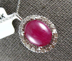 5.35CT DIAMOND & AAA CABOCHON RUBY 14KT WHITE GOLD OVAL & ROUND FLOATING PENDANT