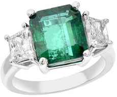 5.87CT DIAMOND & AAA EMERALD 18K WHITE GOLD 3D TRAPEZOID 3 STONE ENGAGEMENT RING