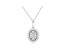 ESTATE .19CT DIAMOND 14KT WHITE GOLD ROUND & BAGUETTE CLUSTER OVAL HALO PENDANT