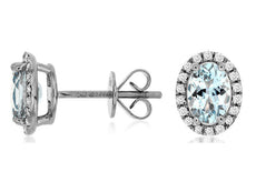 1.54CT DIAMOND & AAA AQUAMARINE 14KT WHITE GOLD OVAL & ROUND HALO STUD EARRINGS