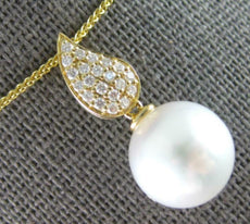 ESTATE .18CT DIAMOND & AAA SOUTH SEA PEARL 18K YELLOW GOLD LEAF FLOATING PENDANT