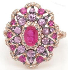 2.06CT DIAMOND & AAA PINK SAPPHIRE & AAA RUBY 14KT ROSE GOLD 3D FLOWER LOVE RING