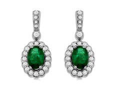 1.23CT DIAMOND & AAA EMERALD 14KT WHITE GOLD 3D OVAL SEMI BEZEL HANGING EARRINGS