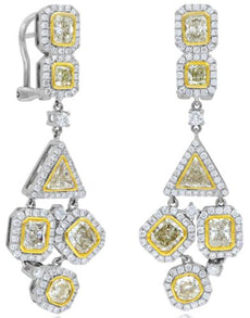 EXTRA LARGE 7.01CT WHITE & FANCY YELLOW DIAMOND 18K 2 TONE GOLD 3D HALO EARRINGS