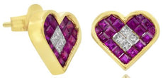 1.24CT DIAMOND & AAA RUBY 14KT YELLOW GOLD PRINCESS INVISIBLE LOVE STUD EARRINGS