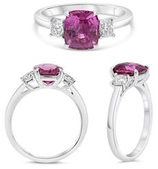 3.10CT DIAMOND & AAA PINK SAPPHIRE PLATINUM 3D CUSHION 3 STONE ENGAGEMENT RING